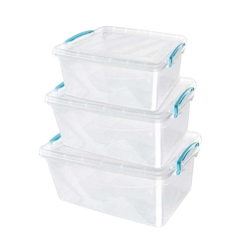 Image of JVL Plastic Clip Lidded Food Storage Box, Stackable & Nestable, Set of 3, 5L, 8.5L, 13.5L, Clear 13-558