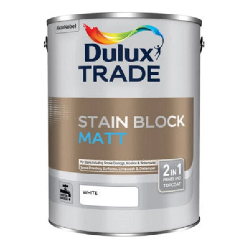 Image of Dulux Trade Stain Block Matt White 5L