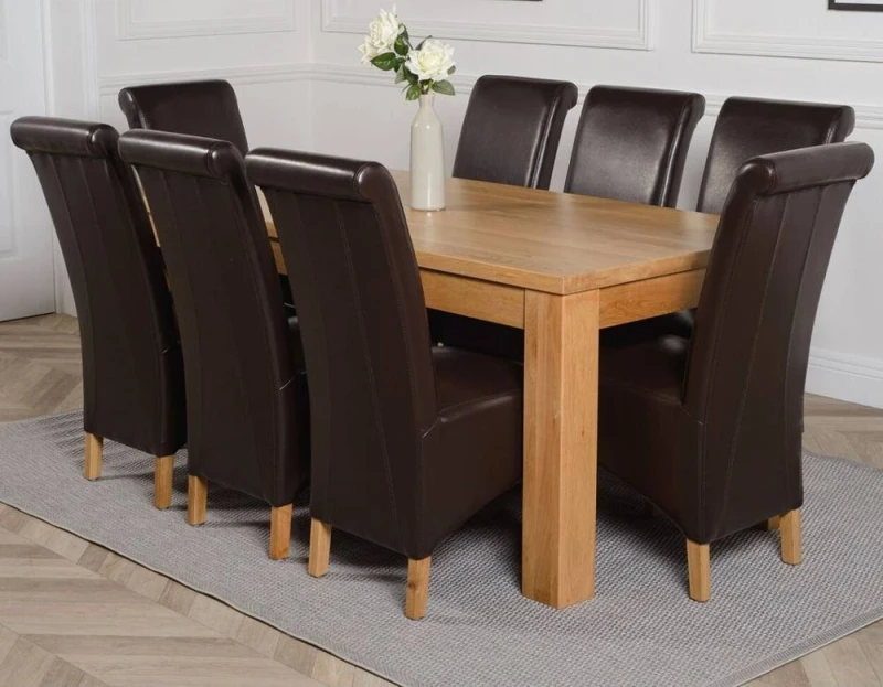 Image of Thats Furniture Dakot 182 x 92cm Oak Large Dining Table & 8 Montana Leather Chairs in Brown Size: 182 x 92cm Brown Unisex 182 x 92 cm