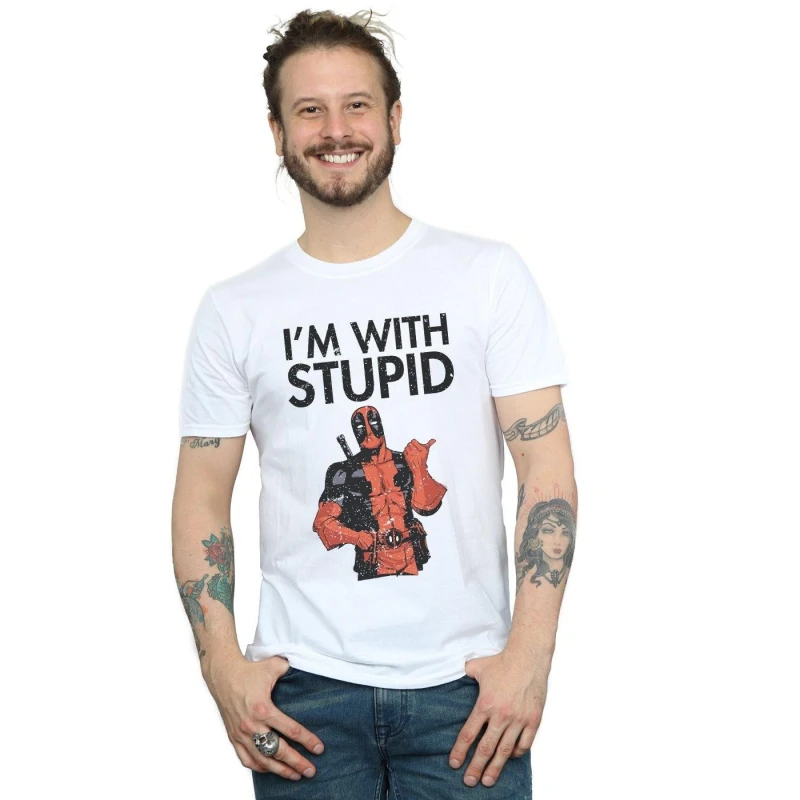 Image of Marvel Marvel Men Deadpool I'm With Stupid T-Shirt in White Size: Small White S Male 5059308630254