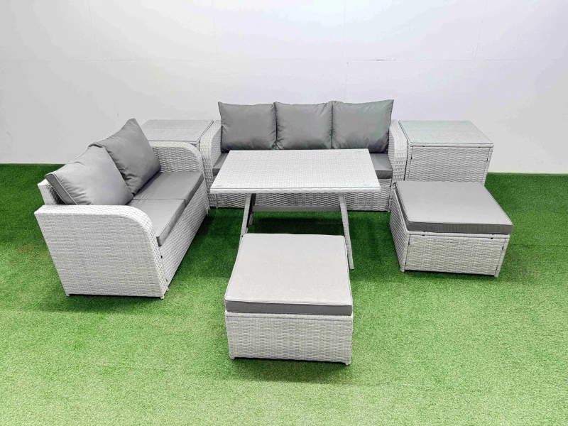 Image of Fimous Rectangular Dining Table Sofa Set with 2 Big Stool 2 Side Tables in Light Grey Light Grey Unisex