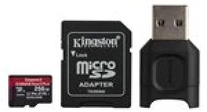 Image of Kingston Canvas React Plus 256GB MicroSDXC Card up to 285MB/s Read 165MB/s Write UHS-II U3 V90 plus SD Adapter and UHS-II Reader