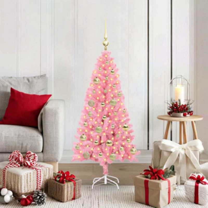 Image of vidaXL Christmas Tree with 150 LEDs, Gold Balls with Stand Pink 120cm PVC, Pink 3396411
