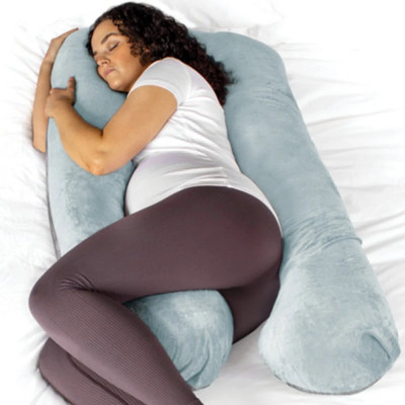 Image of Aamira U Shaped Pregnancy Pillow Blue & Grey, 135X75X20Cm Shredded Memory Foam Full Body Maternity Cushion For Sleeping