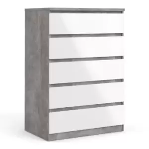 Image of Naia Chest Of 5 Drawers In Concrete And White High Gloss