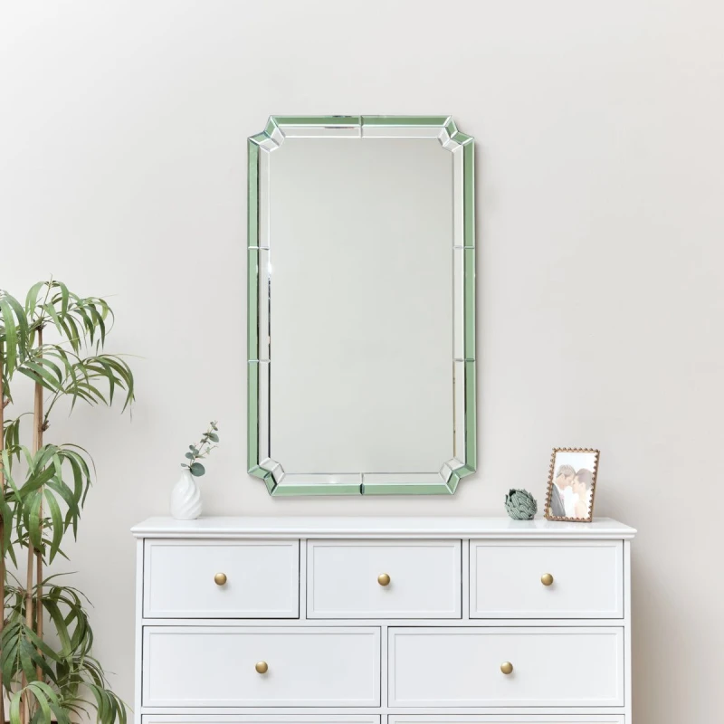 Image of Melody Maison Rectangle Green Glass Art Deco Wall Mirror 60cm X 100cm Green