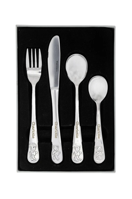 Image of Personalised Memento Company Personalised Teddy 4 Piece Embossed Cutlery Set in Metallic Silver Metallic Silver Unisex