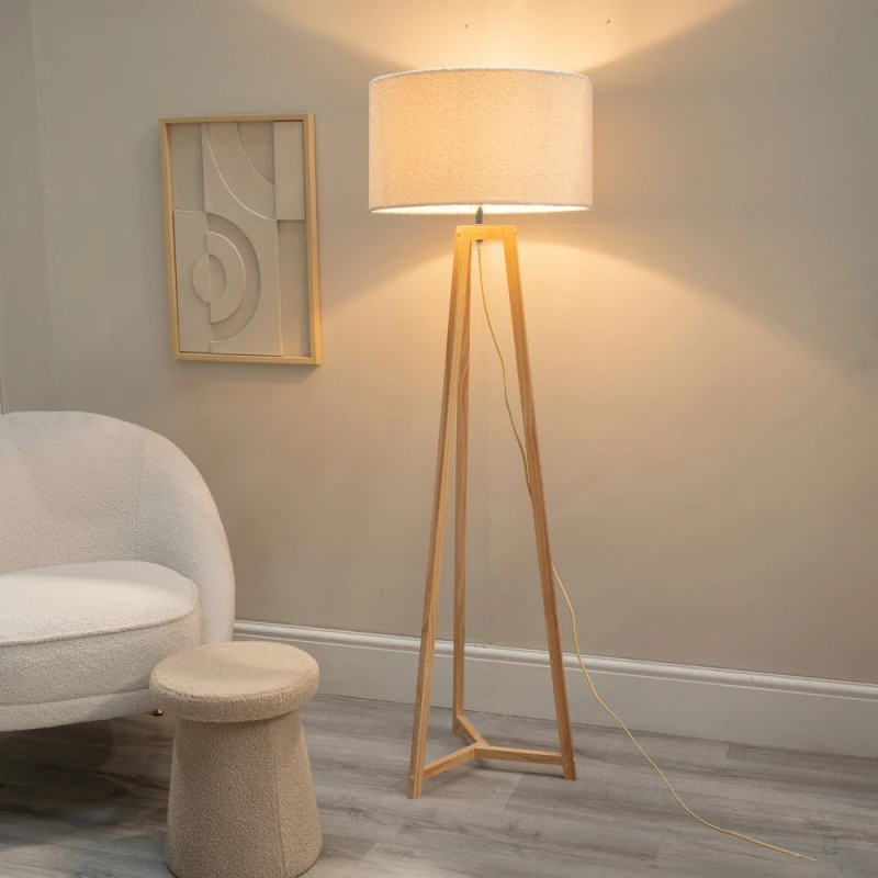 Image of ValueLights Lottie Natural Wood Tripod Floor Lamp with Boucle Drum Shade Cream