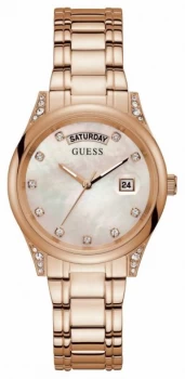 Image of Guess Aura Womens Rose Gold Plated Bracelet Silver Watch