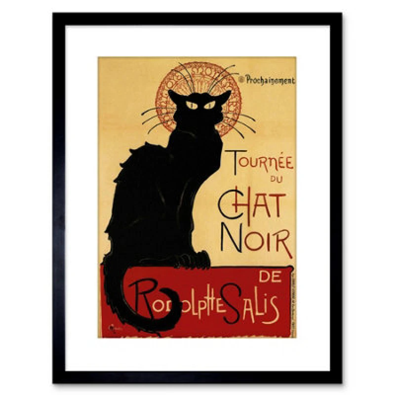 Image of Artery8 Wall Art Print Black Cat Chat Noir Rodolphe Salis Paris Artwork Framed 9X7 Inch