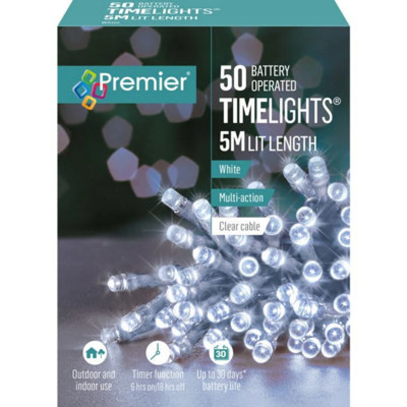 Image of Premier - 50 LED Multi Action Battery Operated Timelights - White/clear Cable