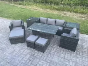 Image of Fimous 5 Seater Dark Grey Outdoor Garden Patio Rattan Dining Sofa Complete Set with 2 Stools and Big Footstool