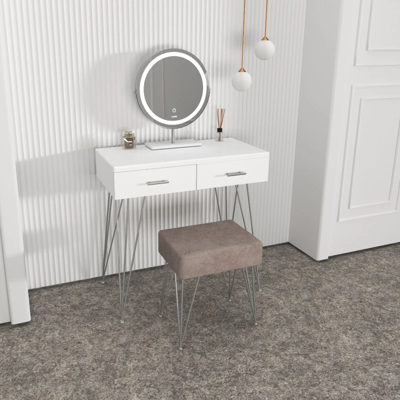 Image of CARME HOME Olivia White Dressing Table with Stool Set with Touch Sensor LED Mirror White Unisex