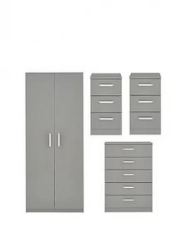 Image of Sanford High Gloss Ready Assembled 4 Piece Package - 2 Door Wardrobe, Chest Of 5 Drawers And 2 Bedside Chests