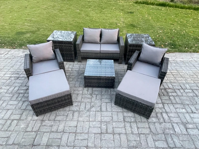 Image of Fimous Rattan Wicker Garden Furniture 6 Seater Patio Conservatory Sofa Set with Square Coffee Table Armchair 2 Seater Sofa in Dark Grey Dark Grey Unis