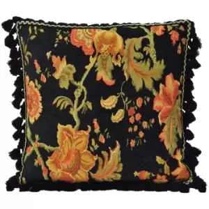Image of Fairvale Floral Tasselled Cushion Black / 55 x 55cm / Cover Only