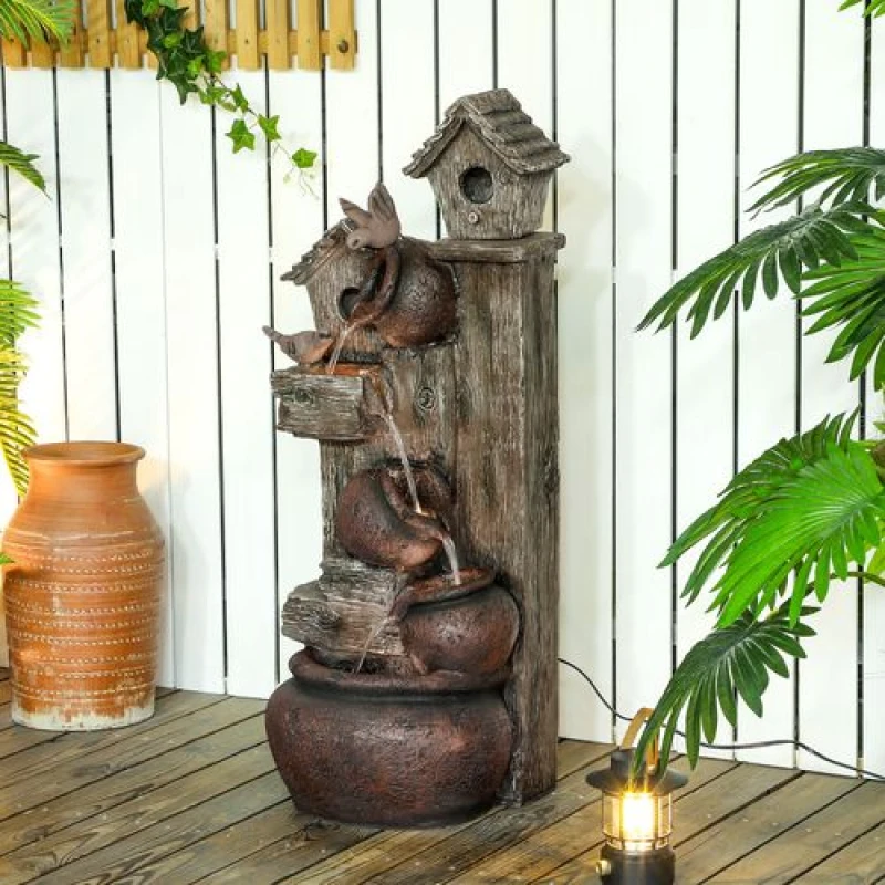Image of Outsunny 2-in-1 Waterfall Fountain with Birdhouse, Resin Outdoor Fountain Multi