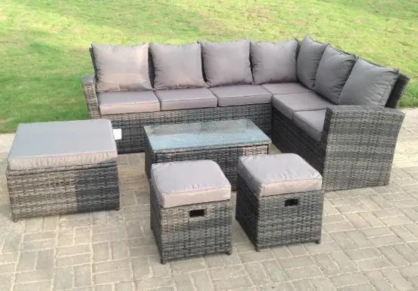 Image of Fimous 6 Seater Outdoor Dark Grey High Back Rattan Lounge Complete Sofa Set with Oblong Coffee Table, 2 Stools and Big Footstool