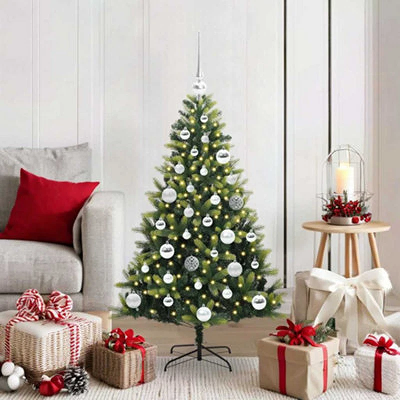 Image of vidaXL Artificial Hinged Christmas Tree 150 LEDs, Silver Balls Green 120 cm, Green 3395978