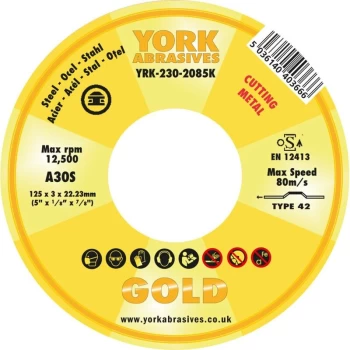 Image of York Abrasives Gold - 125 X 3 X 22MM A30S Cutting Disc - Type 42 Depressed Centre