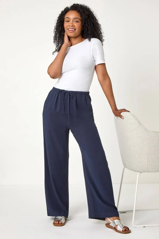 Image of Roman Womens Petite Linen Mix Wide Leg Trouser in Navy Size: 14 Navy Female 14