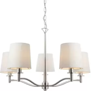 Image of Bright Nickel 5 Light Ceiling Pendant Fitting & Vintage White Fabric Shades