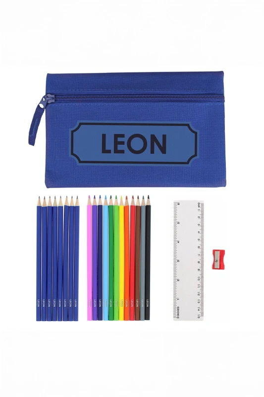 Image of Blue Pencil Case With Personalised Pencils Blue