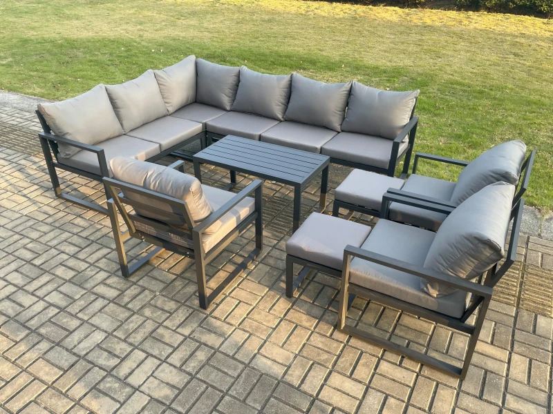 Image of Fimous Aluminium Garden Furniture Set Outdoor Indoor Lounge Corner Sofa 3 Pcs Chair Oblong Coffee Table Sets with 2 Small Footstools Dark Grey Dark Gr