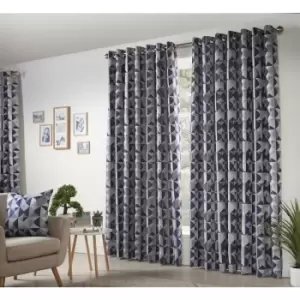 Image of Skandi Eyelet Ring Top Curtains Fully Lined Weave Jacquard Navy 46x90 - Navy