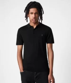 Image of AllSaints Mens Premium Merino Wool Slim Fit Mode Short Sleeve Polo Shirt, Black, Size: M