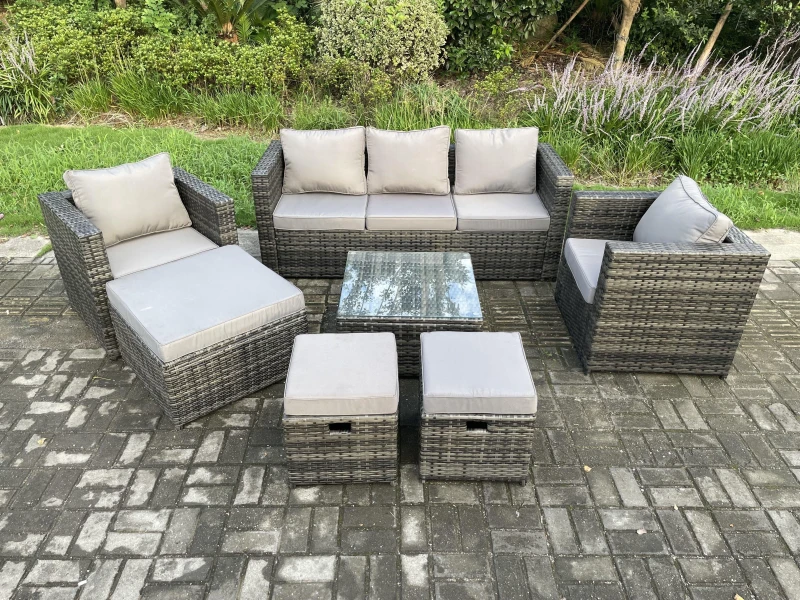 Image of Fimous Wicker Rattan Garden Furniture Sofa Set with Armchair Square Coffee Table 3 Footstools Dark Grey Mixed Dark Grey