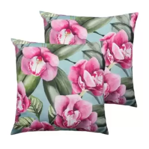 Image of Evans Lichfield Orchids Outdoor Twin Pack Polyester Filled Cushions Duck Egg
