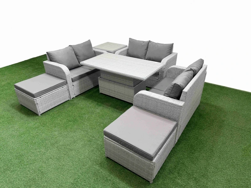 Image of Fimous 8 Seater PE Wicker Rattan Furniture Sofa Sets with Adjustable Lifting Dining or Coffee Table 2 Seater Love Sofa 2 Big Footstool Side Table Ligh