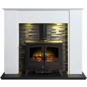 Image of Adam Montara Crystal White Marble Fireplace with Downlights & Woodhouse Electric Stove in Black, 54 Inch
