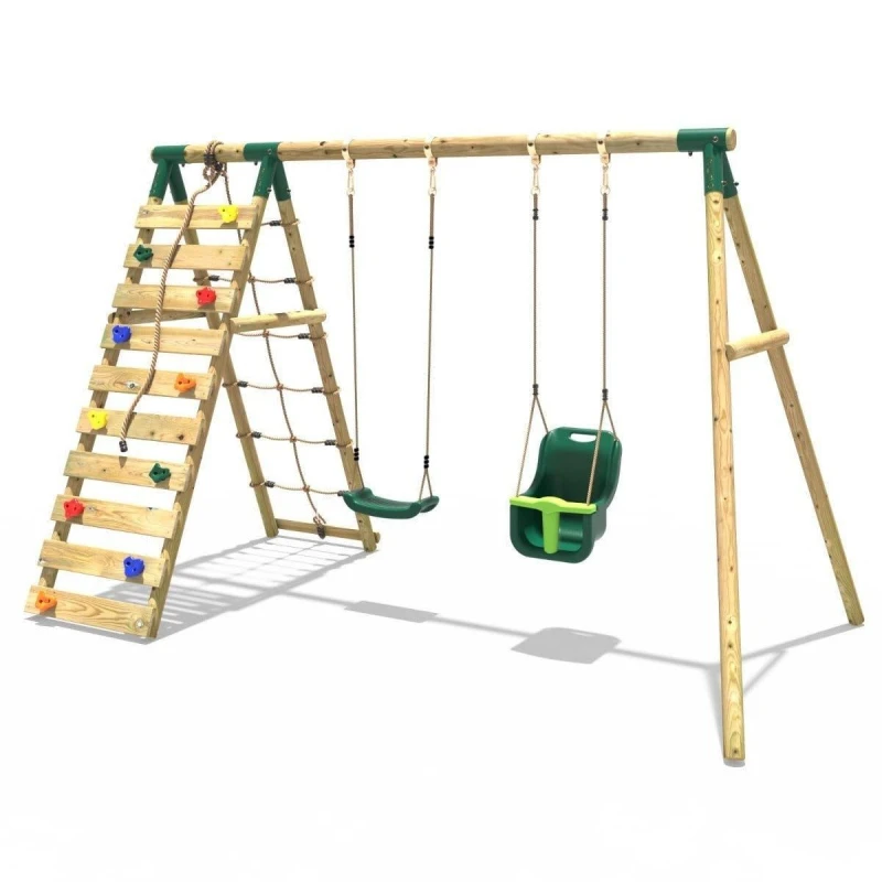 Image of Rebo Wooden Double Swing Set with Baby Seat and Up and Climbing Wall - Kai Green Green