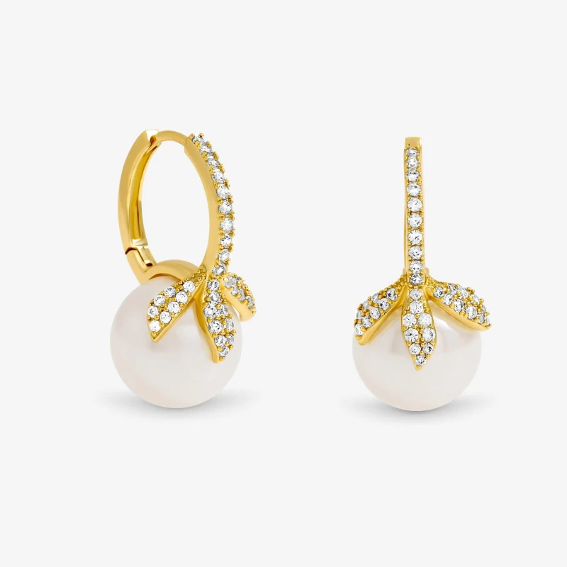 Image of Jon Richard Gold Plated Crystal Leaf & Pearl Earrings Stud Earrings One Size Gold 73414010000