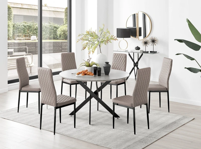 Image of FurnitureboxUK FurnitureboxUK Novara Grey Concrete Effect Black Leg 120cm Round Dining Table & 6 Milan Black Leg Chairs in Beige Beige One Size Unisex