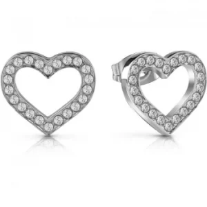 Image of GUESS rhodium plated heart frame stud earrings with Swarovski crystals.