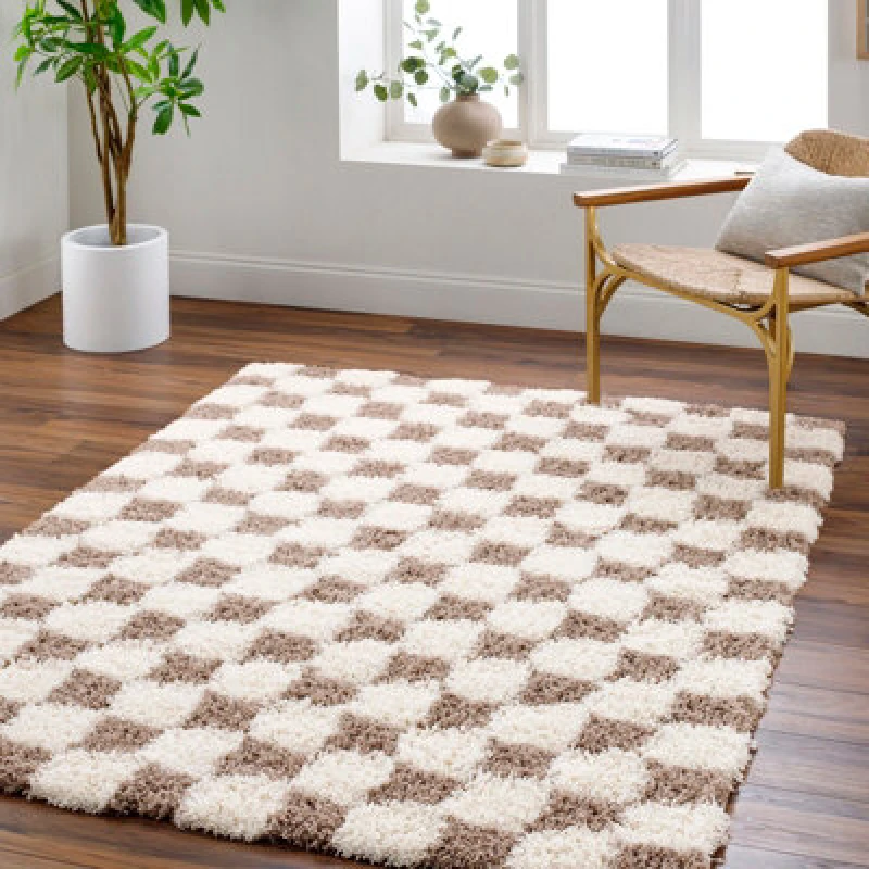 Image of Livabliss Shaggy Modern Plush Pile Brown Checkered Willa Area Rug 130 X 170 Cm - Easy Care, Non Shedding, Ideal For Living Room & Bedroom
