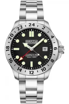 Image of Depth Charge 42mm Stainless Steel Silver Black Dial Utilitarian Watch, Japanese Automatic GMT , Fixed Stainless Steel Bezel, Sapphire Glass, 200m Wate