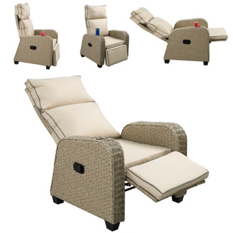 Image of FURNITURE ONE Furniture One - Rattan Outdoor Recliner Cushioned Patio Chair - Natural JS058