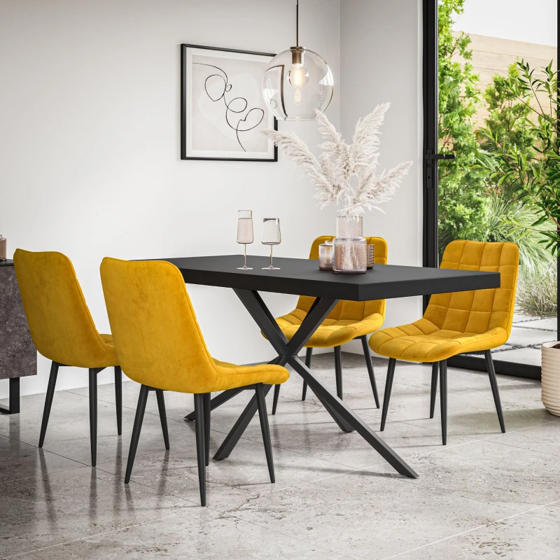 Image of More4Homes Donni Dining Table And Chairs - Black Table Top W Black Legs + Nova Velvet Dining Chair Set Of 6 (Mustard)
