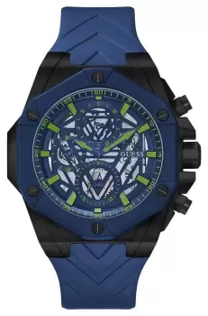 Image of Guess GW0579G3 Mens Blue Skeleton Dial Blue Silicone Strap Watch