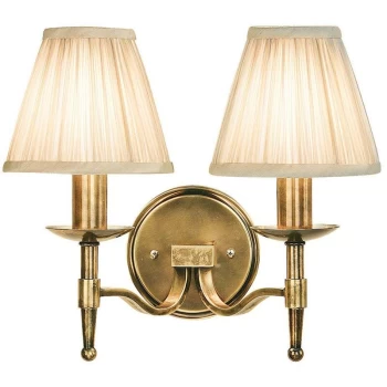 Image of Interiors 1900 Lighting - Interiors Stanford Antique Brass - 2 Light Indoor Twin Candle Wall Light Antique Brass with Beige Shades, E14