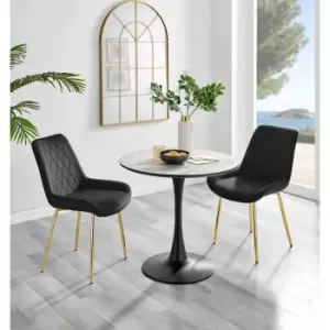 Image of Furniture Box Elina White Marble Effect Round Dining Table and 2 Black Pesaro Gold Leg Chairs