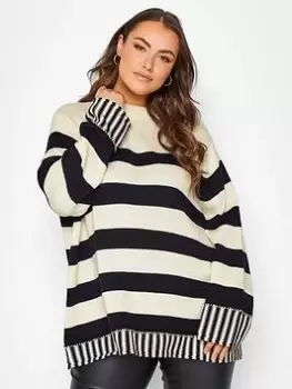 Image of Yours Mixed Stripe Grow On Neck Jumper Taupe, Black, Size 18-20, Women