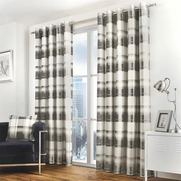 Image of Fusion Balmoral Check 100% Cotton Pair of Eyelet Curtains Eyelet Curtains 66x54in Grey 76465602003