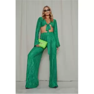 Image of I Saw It First Emerald Green Plisse Wide Leg Trousers - Green