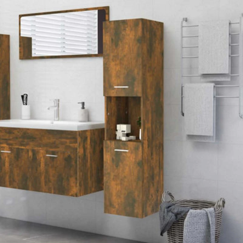 Image of Vidaxl Bathroom Cabinet Smoked Oak 30X30X130 Cm Engineered Wood, Brown 815639
