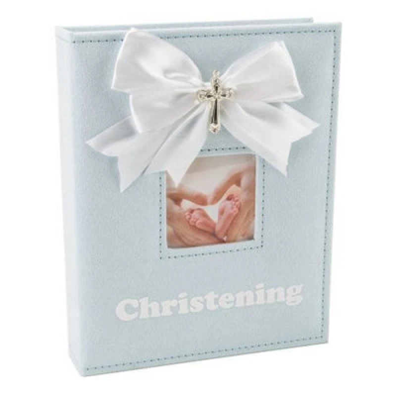 Image of Happy Homewares White Faux-Silk Bow And Silver Plated Cross Christening Photo Album In Blue